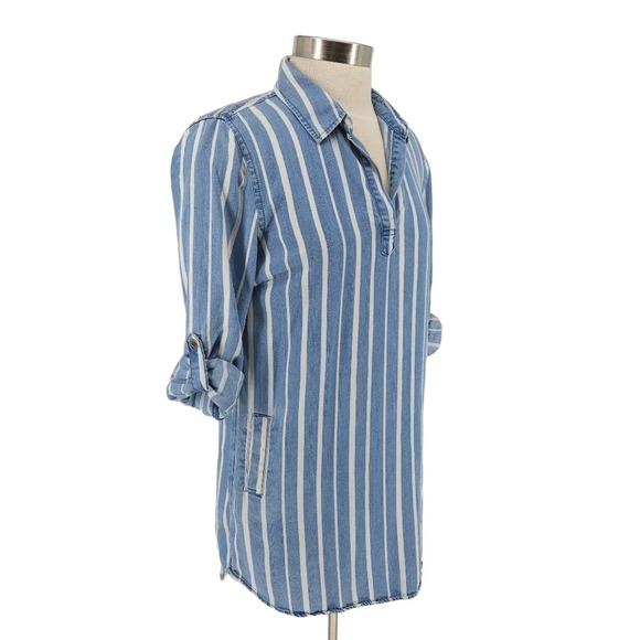 Velvet Heart Shirt Dress Blue Chambray Striped 3/4 Sleeve Collared V Neck Mini - Picture 2 of 6